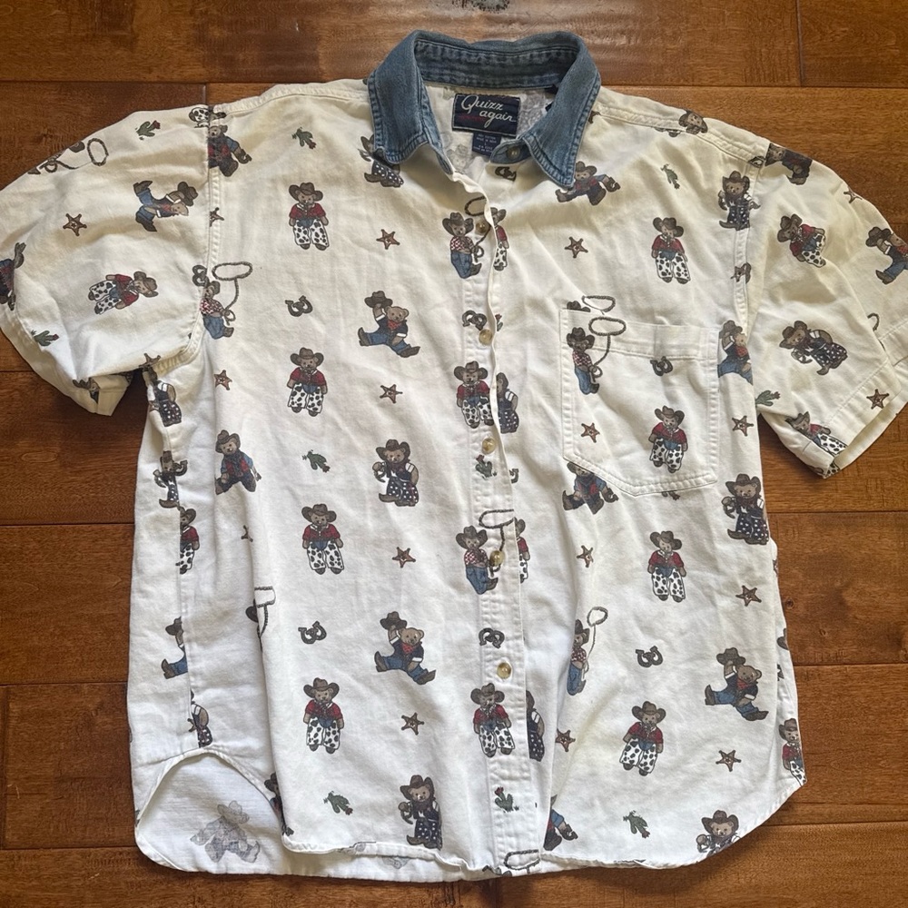 Quiz Again White Short-Sleeve Cowboy Bear Button-Down Shirt